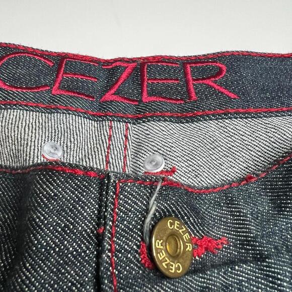 CEZER Men’s Size 36 Y2K Rap Denim Shorts Dark Wash Peru 100% Cotton Red Stitch - Picture 7 of 12